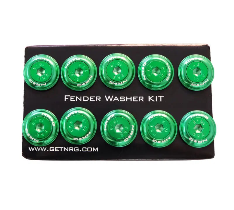 Green NRG Fender Washer Kit with color matched M6 bolt rivets for plastic cars