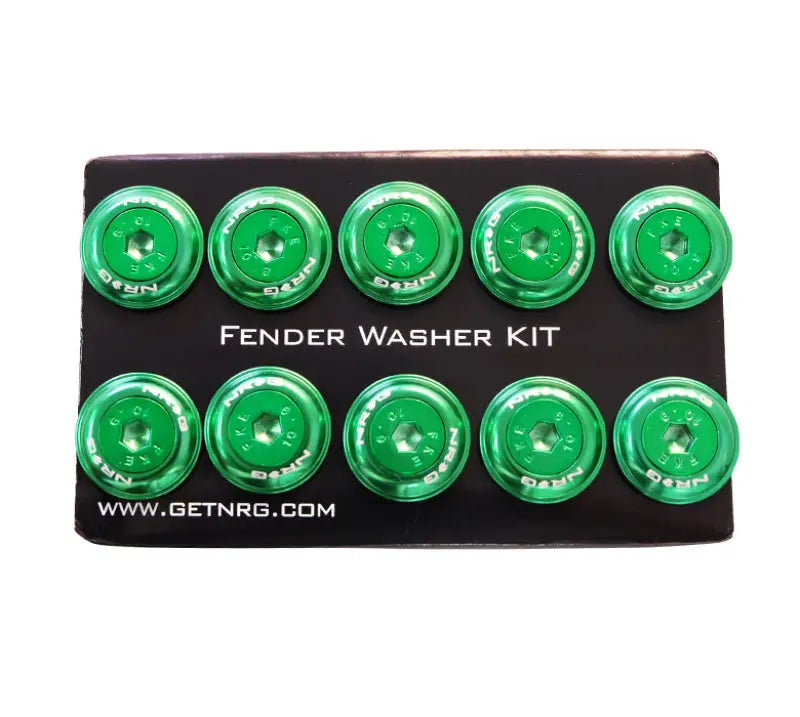 Green NRG Fender Washer Kit with color matched M6 bolt rivets for plastic car mods