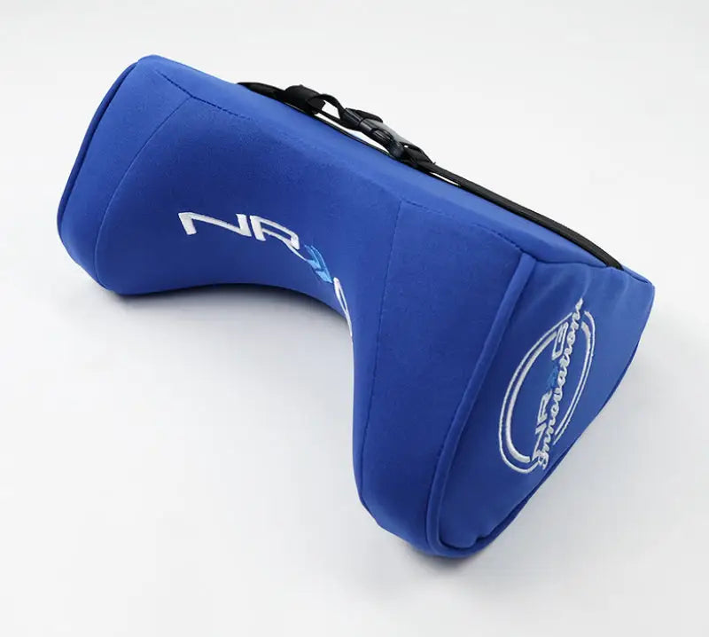 Blue NRG Memory Foam Neck Pillow with Black Strap for comfy travel seats