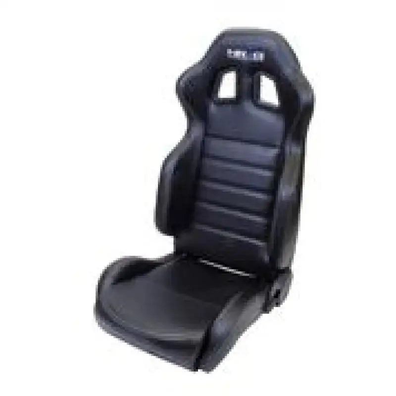Black NRG reclinable sport seats with white stitching and logo for racing cars
