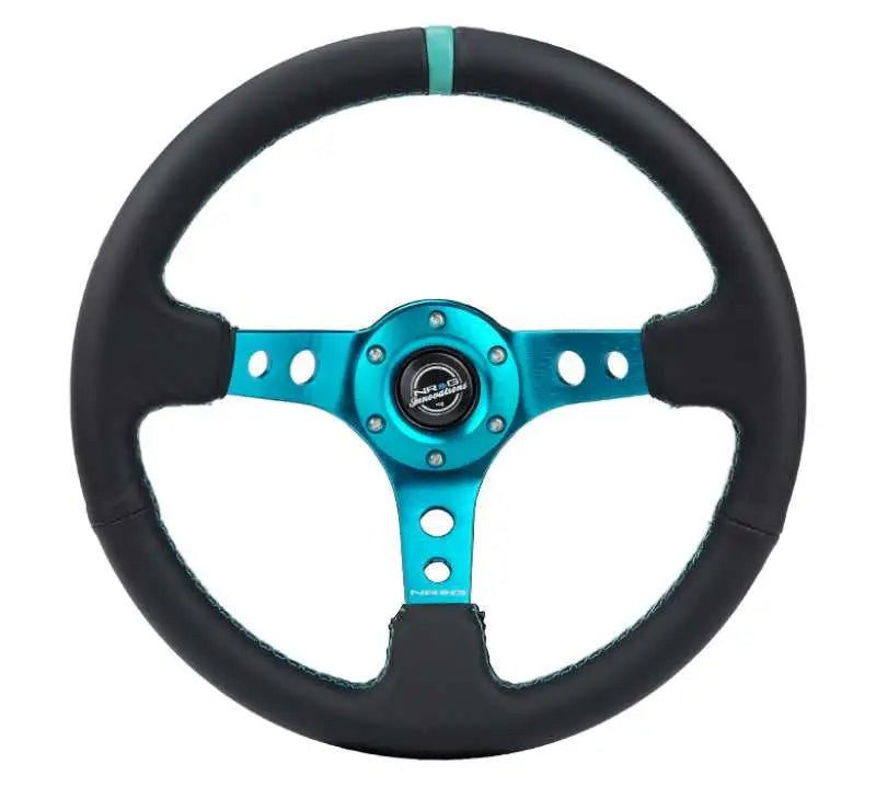 NRG NRG Reinforce Steering Wheel (350mm / 3in. Deep) Blk Leather, Teal Center Mark w/ Teal Stitching
