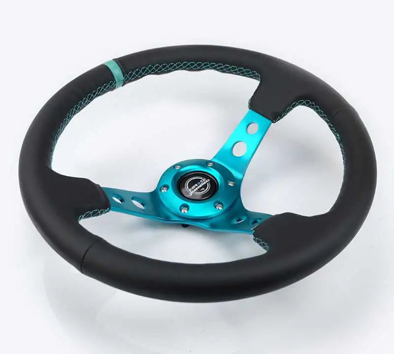 NRG Reinforce Steering Wheel (350mm / 3in. Deep) Blk Leather, Teal Center Mark w/ Teal Stitching 