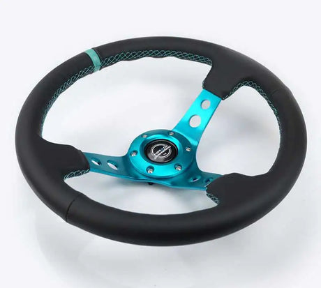NRG Reinforce Steering Wheel (350mm / 3in. Deep) Blk Leather, Teal Center Mark w/ Teal Stitching 
