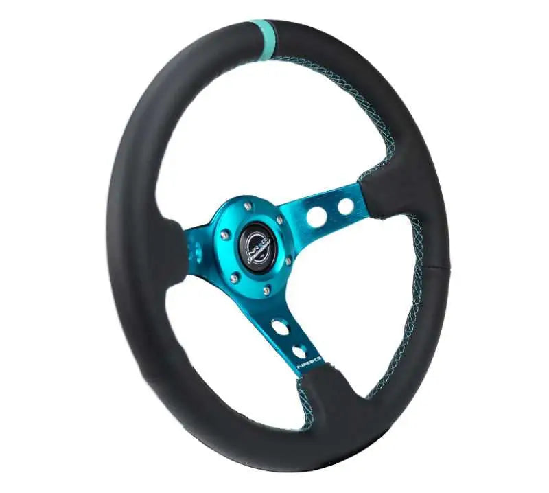 NRG Reinforce Steering Wheel (350mm / 3in. Deep) Blk Leather, Teal Center Mark w/ Teal Stitching 