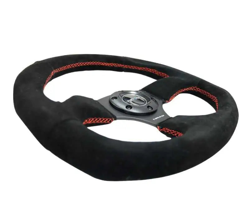 NRG Reinforced Steering Wheel (320mm Horizontal / 330mm Vertical) Suede w/Red Stitch 