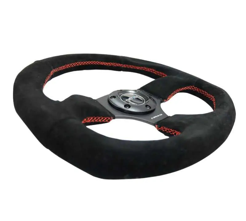 NRG Reinforced Steering Wheel (320mm Horizontal / 330mm Vertical) Suede w/Red Stitch 