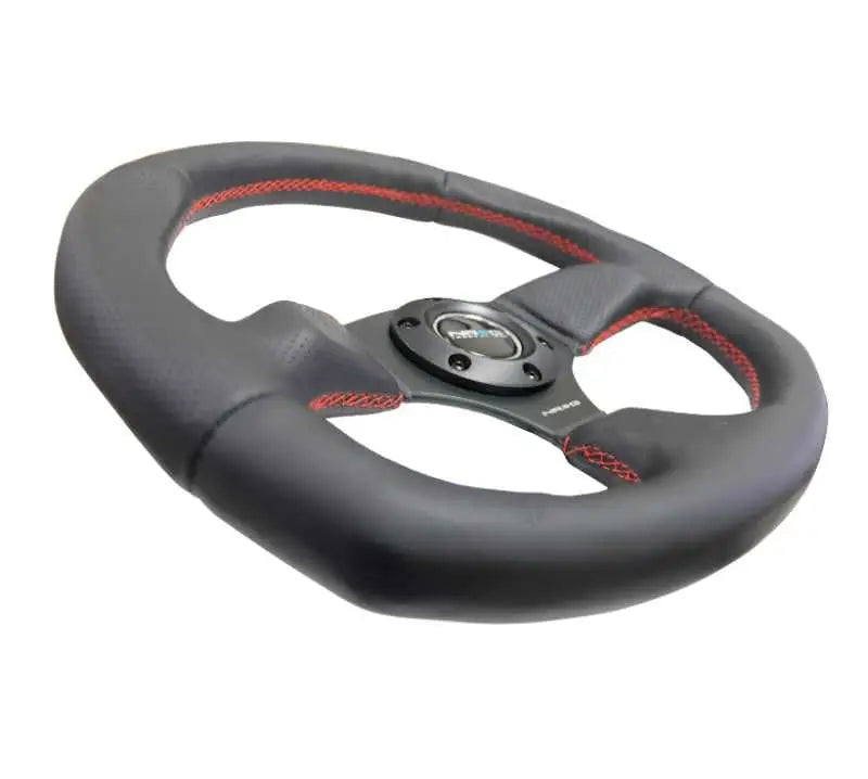 NRG Reinforced Steering Wheel (320mm Horizontal / 330mm Vertical) Leather w/Red Stitching 