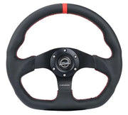 NRG Reinforced Steering Wheel (320mm) Sport Leather Flat Bottom w/ Red Center Mark/ Stitching