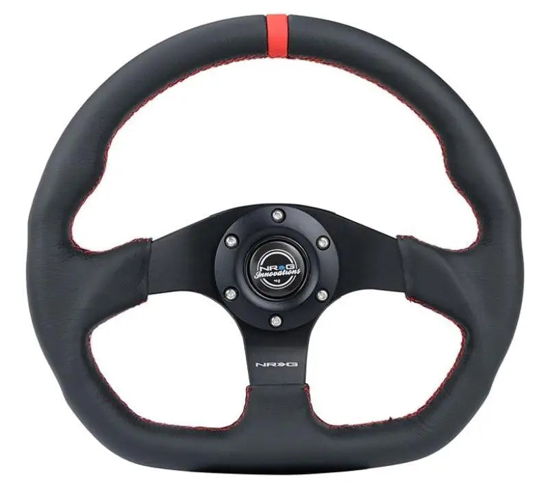 NRG Reinforced Steering Wheel (320mm) Sport Leather Flat Bottom w/ Red Center Mark/ Stitching