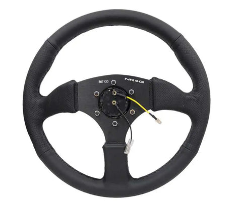 NRG Reinforced Steering Wheel (350mm / 2.5in. Deep) Blk Leather Comfort Grip w/5mm Matte Blk Spokes 