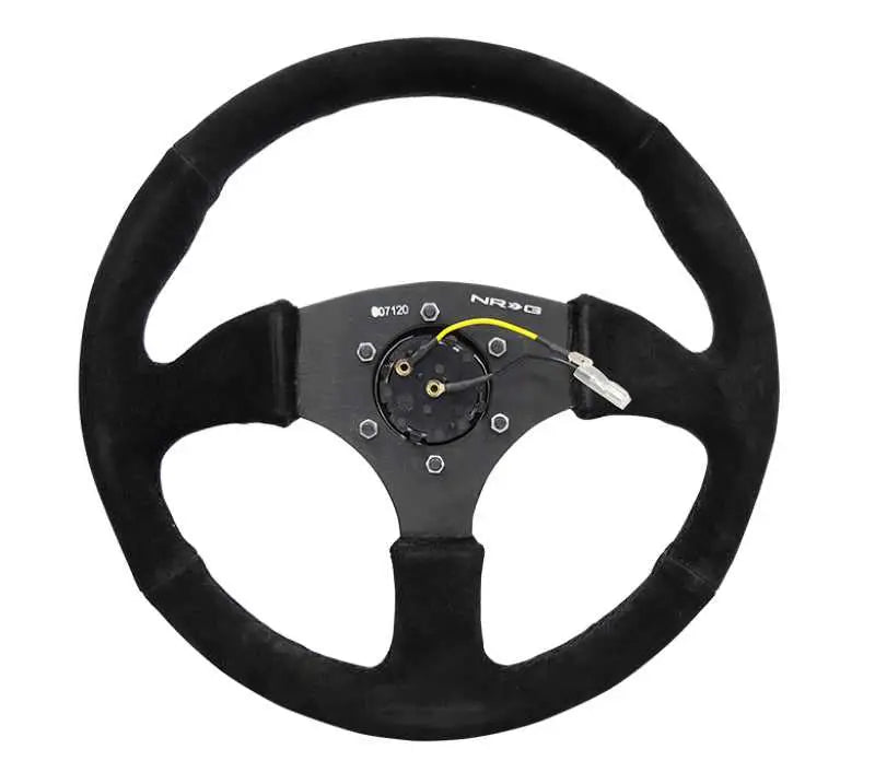 NRG Reinforced Steering Wheel (350mm / 2.5in. Deep) Blk Suede Comfort Grip w/5mm Matte Blk Spokes 