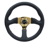 NRG NRG Reinforced Steering Wheel (350mm / 2.5in. Deep) Leather Race Comfort Grip w/4mm Gold Spokes