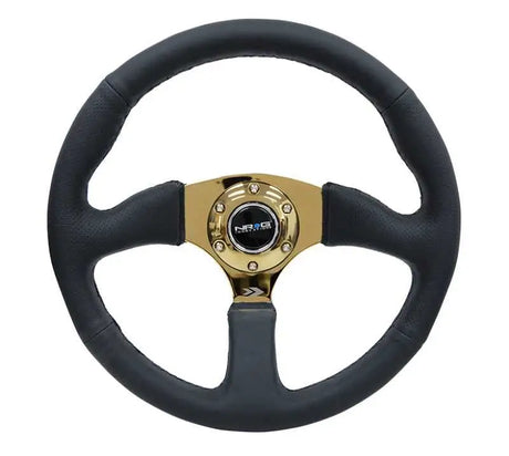 NRG NRG Reinforced Steering Wheel (350mm / 2.5in. Deep) Leather Race Comfort Grip w/4mm Gold Spokes