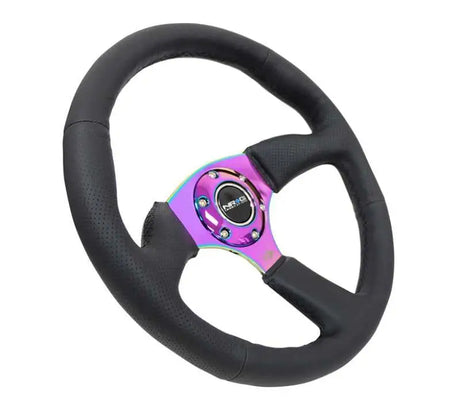 NRG Reinforced Steering Wheel (350mm / 2.5in. Deep) Leather Race Comfort Grip w/4mm Neochrome Spokes 