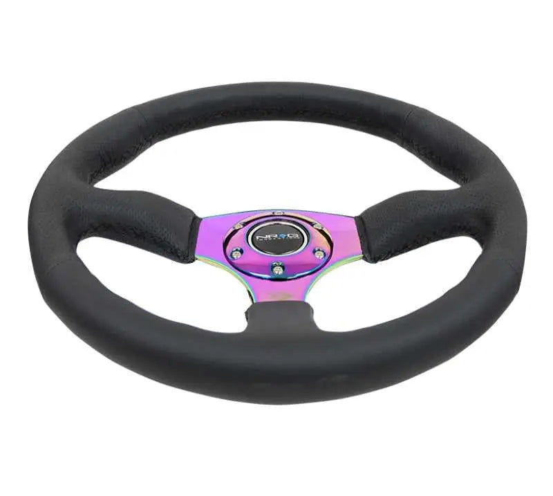 NRG Reinforced Steering Wheel (350mm / 2.5in. Deep) Leather Race Comfort Grip w/4mm Neochrome Spokes 