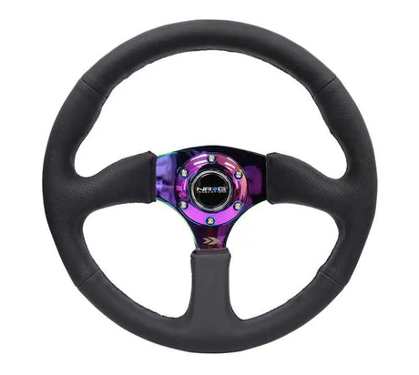 NRG NRG Reinforced Steering Wheel (350mm / 2.5in. Deep) Leather Race Comfort Grip w/4mm Neochrome Spokes