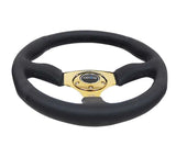NRG Reinforced Steering Wheel (350mm / 2.5in. Deep) Leather Race Comfort Grip w/4mm Gold Spokes 