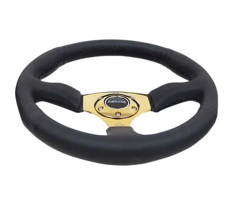 NRG Reinforced Steering Wheel (350mm / 2.5in. Deep) Leather Race Comfort Grip w/4mm Gold Spokes 