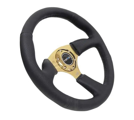 NRG Reinforced Steering Wheel (350mm / 2.5in. Deep) Leather Race Comfort Grip w/4mm Gold Spokes 