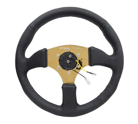 NRG Reinforced Steering Wheel (350mm / 2.5in. Deep) Leather Race Comfort Grip w/4mm Gold Spokes 