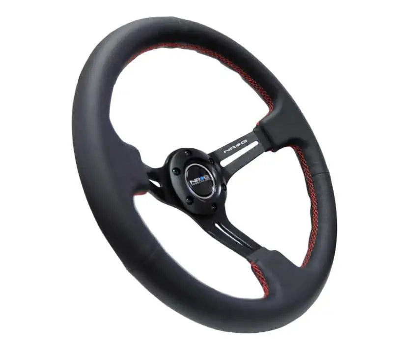 NRG Reinforced Steering Wheel (350mm / 3in. Deep) Black Leather/Red Stitch & Blk 3-Spoke w/Slits 