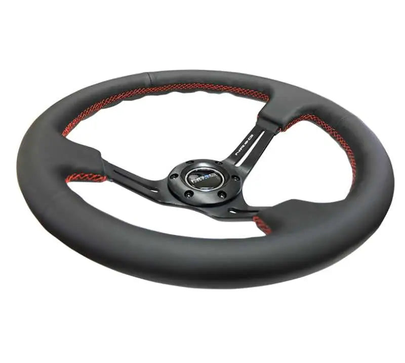 NRG Reinforced Steering Wheel (350mm / 3in. Deep) Black Leather/Red Stitch & Blk 3-Spoke w/Slits 