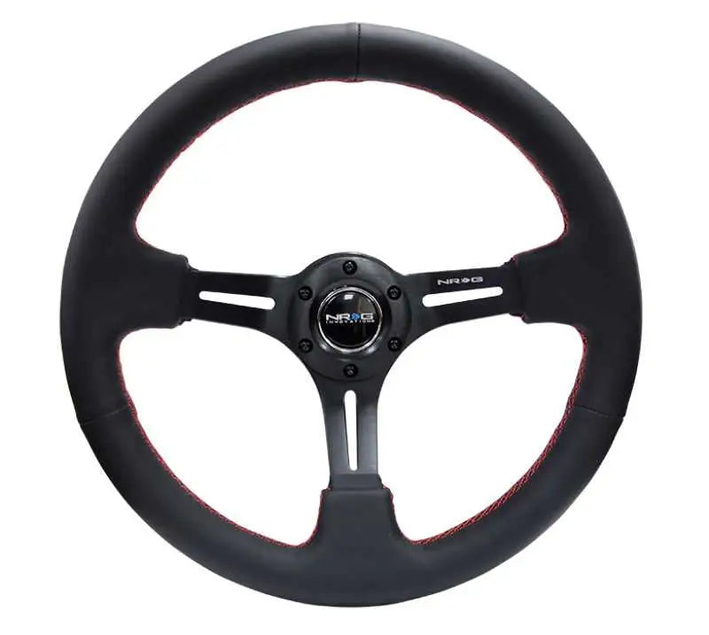 NRG NRG Reinforced Steering Wheel (350mm / 3in. Deep) Black Leather/Red Stitch & Blk 3-Spoke w/Slits