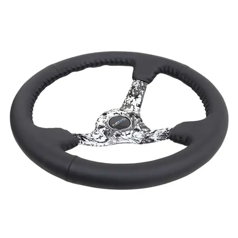 NRG Reinforced Steering Wheel (350mm / 3in. Deep) Blk Leather w/Hydrodipped Digi-Camo Spokes 