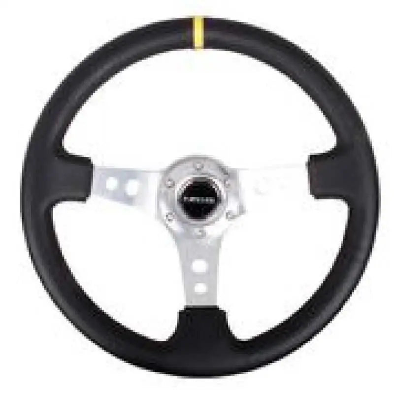 NRG Reinforced Steering Wheel (350mm / 3in. Deep) Blk Leather w/Circle Cut Spokes & Single Yellow CM 