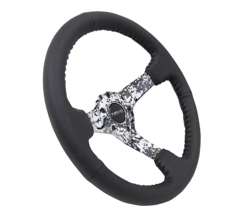 NRG Reinforced Steering Wheel (350mm / 3in. Deep) Blk Leather w/Hydrodipped Digi-Camo Spokes 