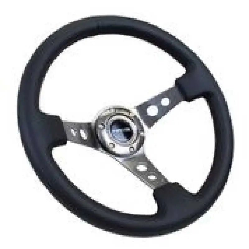NRG Reinforced Steering Wheel (350mm / 3in. Deep) Blk Leather w/Gunmetal Circle Cutout Spokes 
