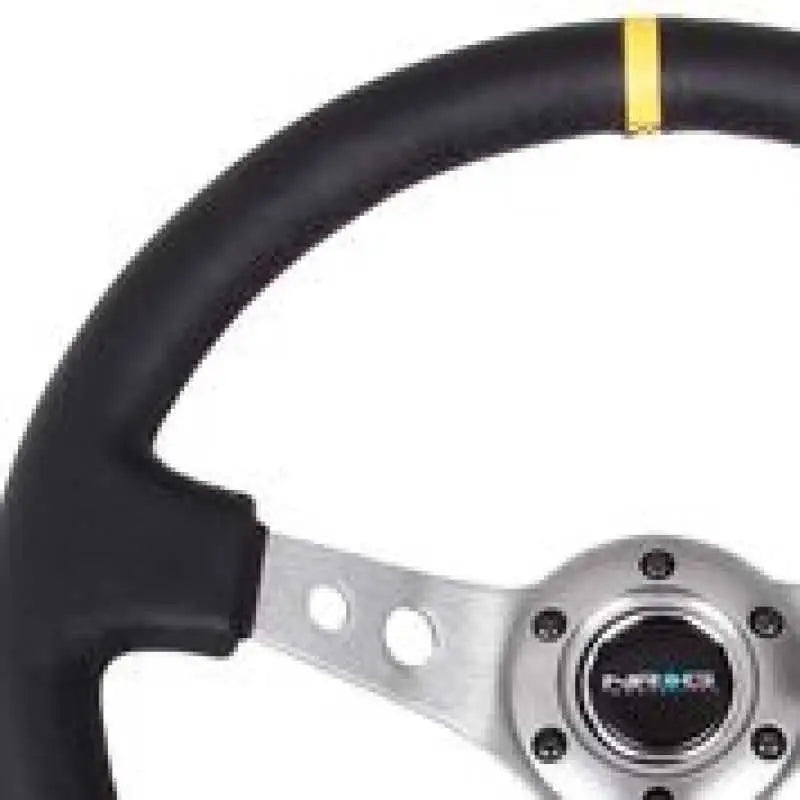 NRG NRG Reinforced Steering Wheel (350mm / 3in. Deep) Blk Leather w/Gunmetal Cutout Spoke & Yellow CM