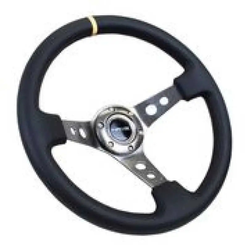 NRG Reinforced Steering Wheel (350mm / 3in. Deep) Blk Leather w/Gunmetal Cutout Spoke & Yellow CM 