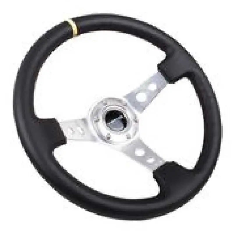 NRG Reinforced Steering Wheel (350mm / 3in. Deep) Blk Leather w/Circle Cut Spokes & Single Yellow CM 