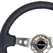 NRG NRG Reinforced Steering Wheel (350mm / 3in. Deep) Blk Leather w/Gunmetal Circle Cutout Spokes