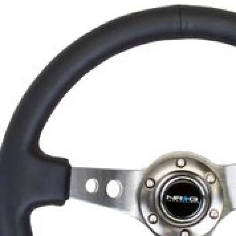 NRG NRG Reinforced Steering Wheel (350mm / 3in. Deep) Blk Leather w/Gunmetal Circle Cutout Spokes