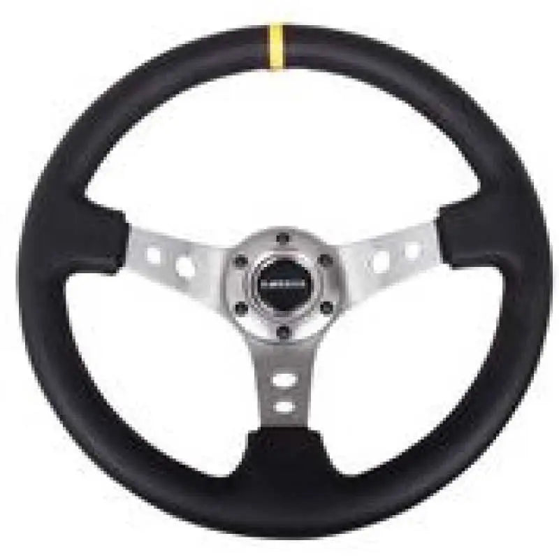 NRG Reinforced Steering Wheel (350mm / 3in. Deep) Blk Leather w/Gunmetal Cutout Spoke & Yellow CM 