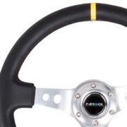NRG NRG Reinforced Steering Wheel (350mm / 3in. Deep) Blk Leather w/Circle Cut Spokes & Single Yellow CM