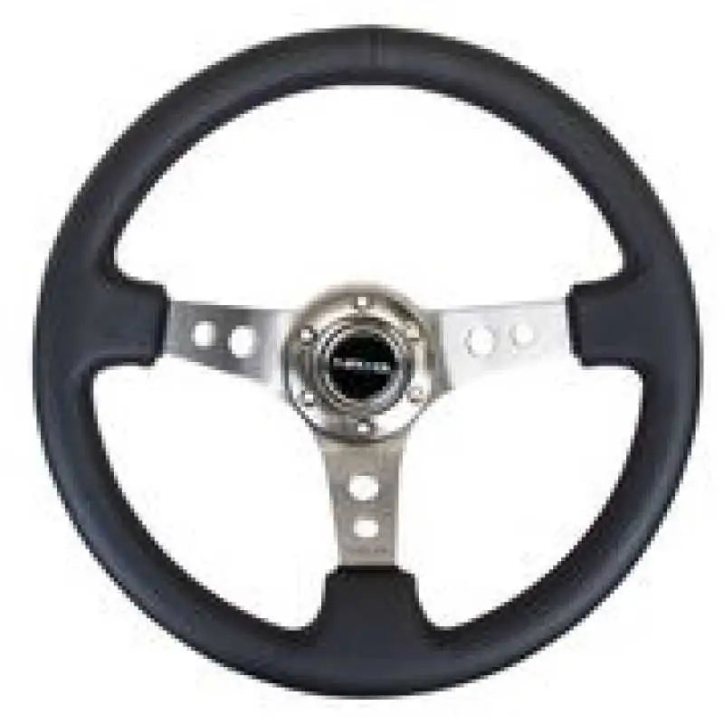 NRG Reinforced Steering Wheel (350mm / 3in. Deep) Blk Leather w/Gunmetal Circle Cutout Spokes 