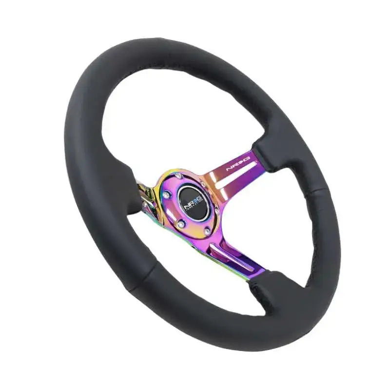 NRG Reinforced Steering Wheel (350mm / 3in. Deep) Blk Leather/Blk Stitch w/Neochrome Slits 