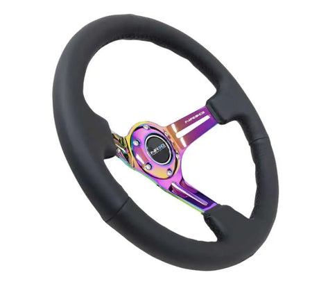 NRG Reinforced Steering Wheel (350mm / 3in. Deep) Blk Leather/Blk Stitch w/Neochrome Slits 