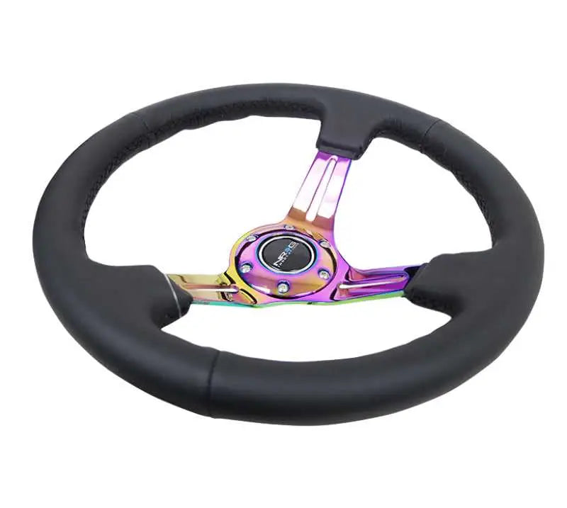 NRG Reinforced Steering Wheel (350mm / 3in. Deep) Blk Leather/Blk Stitch w/Neochrome Slits 