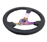 NRG Reinforced Steering Wheel (350mm / 3in. Deep) Blk Leather/Blk Stitch w/Neochrome Slits 