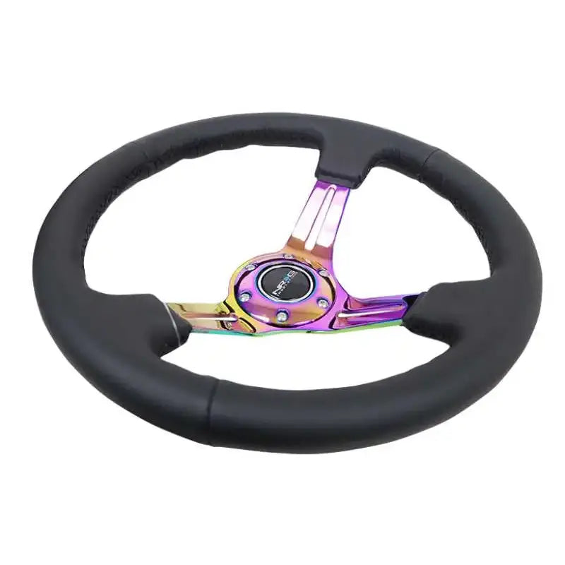 NRG Reinforced Steering Wheel (350mm / 3in. Deep) Blk Leather/Blk Stitch w/Neochrome Slits 
