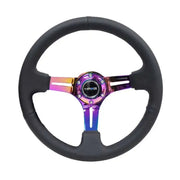 NRG NRG Reinforced Steering Wheel (350mm / 3in. Deep) Blk Leather/Blk Stitch w/Neochrome Slits