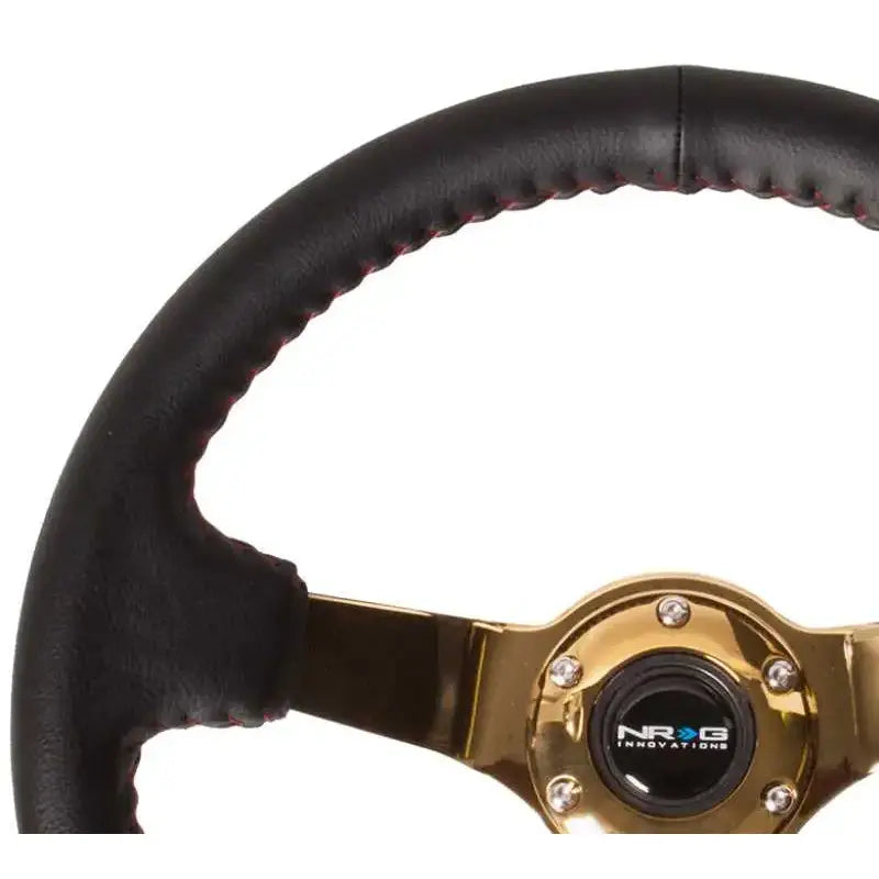 NRG Reinforced Steering Wheel (350mm / 3in. Deep) Blk Leather/Red BBall Stitch w/4mm Gold Spokes 