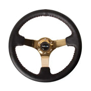 NRG NRG Reinforced Steering Wheel (350mm / 3in. Deep) Blk Leather/Red BBall Stitch w/4mm Gold Spokes