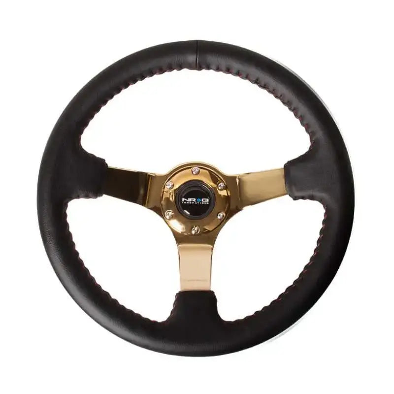 NRG NRG Reinforced Steering Wheel (350mm / 3in. Deep) Blk Leather/Red BBall Stitch w/4mm Gold Spokes