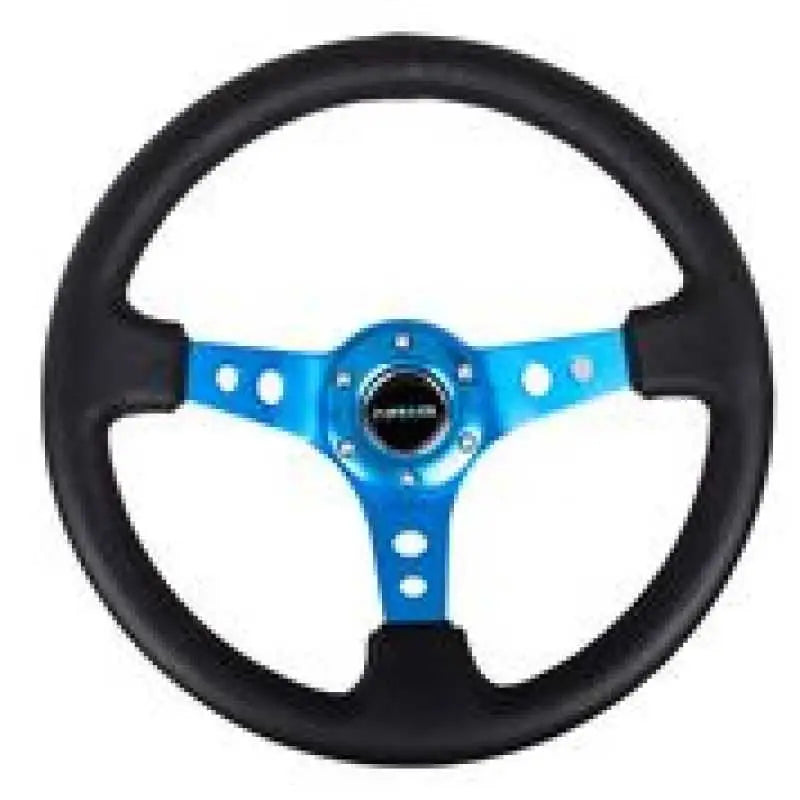 NRG Reinforced Steering Wheel (350mm / 3in. Deep) Blk Leather w/Blue Circle Cutout Spokes 