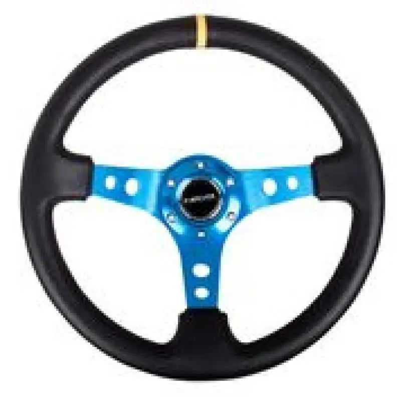 NRG Reinforced Steering Wheel (350mm / 3in. Deep) Blk Leather w/Blue Cutout Spoke & Single Yellow CM 